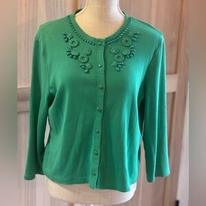 Rafaella Green Beaded Cardigan. Sweater. Women’s Sz-L 3/4 Sleeve